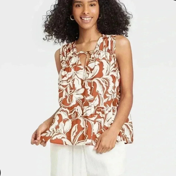 a new day Tops - A New Day Smocked Tank Top Rust Floral V-Neck Tie